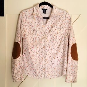 Women's Soft Off White with Pink Flowers, Corduroy-like Shirt Blouse